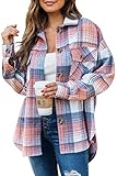 Jhsnjnr Damen Flanell Karierte Hemden Oversized Langarm Plaid Button Up Jacken Shacket, Pink-kariert, M