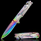 Vividstill Taschenmesser für Männer, cool Klappmesser mit 3D Skorpione Reliefgravur, gute Geschenk Edc Messer für Männer Outdoor Überleben Camping Wandern Jagdmesser (bunte)