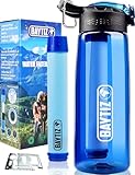 BAYTIZ ® Trinkflasche + Strohhalm Filter + Carabiner - Wasserfilter Outdoor mit Aktivkohle - Sport Überleben Campingplatz Wandern Survival Wasser Flashe Stroh Wasseraufbereiter Life Filtersystem Straw