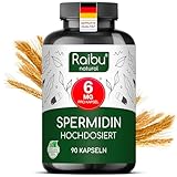 Raibu Spermidin Kapseln hochdosiert - 6 mg Spermidin pro Kapsel (90 x 6mg) - Aus Weizenkeimextrakt, Vorrat für 3 Monate - Vegan, Natürlich & Ohne Zusatzstoffe