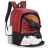 MoKo Basketball Tasche Rucksack, Fußballrucksack für Männer & Frauen mit getrennten Ball- und Schuhfächern, wasserdicht, Zaunhaken, Sporttasche für Kleidung, Schuhe, Tablets, Laptops, Rot