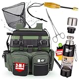 Zite Fishing Multi-Angelkoffer 3-in-1 Set | Angelrucksack + Kescher Gummiert + Hakenlöser + Fischtöter + Thermoskanne 1 Liter Doppelwandig | Angelzubehör Set | Sitzkiepe & Thermosflasche