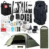 Fluchtrucksack, Notfall-Überlebensausrüstung Set mit 70L Taktischem Rucksack, Zelt, Schlafsack, Erste-Hilfe-Kit, Camping-Kochgeschirr, Multifunktionswerkzeuge, Outdoorausrüstung