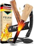 Feuerstahl Outdoor 10mm, Feuerstein mit Holzgriff für maximalen Funkenflug, Feuerstahl Zunder, Survival Kit, Feuerstahl Set: Magnesium Feuerstarter + Paracord + Notfallpfeife + Beutel + Kienspan