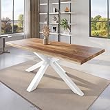 trelevo Esszimmertisch 200x100 cm, Mangoholz massiv, Tischplatte Natur/rau, echte Baumkante, Spider Gestell weiß, Baumkantentisch
