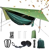 Camping Hängematten Set, Einzel Doppel Hängematte, Moskitonetz, Insektennetz, Regenfliege, hochfestes Fallschirm Stoff Hängebett. Geeignet für Outdoor, Wandern, Camping, Reisen Dunkelgrün