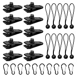 30 Stück Tarp Clips Set, 10 Heavy Duty Tarp Clips mit 10 Zelt Bungees Schnüre und 10 Karabiner Clips für Camping Zelte Abdeckung, schwarz