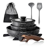 Kitchen Academy Topfset 10tlg, Topf Pfannenset mit Glasdeckeln, Marmorbeschichtung Antihaft-Versiegelung Kochgeschirr-Set, induktionsgeeignet, Maseriger glater Griff, Schwarz