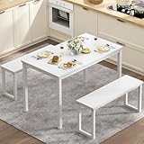 SogesHome Essguppe Esstisch mit 2 Bänken, 3er-Set, Küchentisch Esszimmertisch 100 x 60 x 74 cm aus Metallframe und Holzwerkstoffen für Esszimmer Küche Wohnzimmer (Weiß)