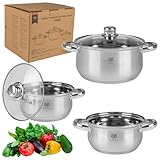 KARL HAUSMANN Topfset Induktion Edelstahl 3-Teilig - Kochtöpfe für Alle Herdarten - Kochtopf Set mit Glasdeckel - Töpfe mit Messskala - Topf Set - Kochtopfset - Topfsets - Pots - Induktionstöpfe