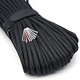 PSKOOK Survival-Paracord, Fallschirm-Feuerschnur, Survival-Seil, 7 Stränge, Nylon, rote Zunderschnur, PE-Angelschnur, Baumwollfaden, Outdoor, Schwarz, 30,5 m