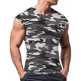 Herren Sportlich T-Shirts Tees Kurz Ärmel Bodybuilding Trainieren Ausbildung Fitness Tops Crew Hals Baumwolle Schwarz Camo L