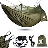 Kiaitre Hängematte, Hängematte Outdoor mit Moskitonetz - 260 x 130 cm Leichte Nylon Hängematte für Rucksacktouren, Camping, Wandern und Strandabenteuer - 200kg Tragfähigkeit
