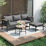 Gegtuon Gartenmöbel Sitzgruppe 3-teilige für Garten für 3-4 Personen, Möbel Lounge Outdoor für Balkon mit Tisch, Sofa & Kissen, Essgruppe Gartenlounge mit Hocker & Couchtisch, Gartenmöbel-Set, Grau
