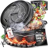 grillas Dutch Oven Set inkl. Rezeptideen | bereits eingebrannt - preseasoned | Feuertopf Gusseisen I Bräter mit Deckelheber und Henkel (Topf mit Füße, 9 Liter / 9 QT)