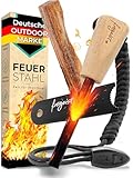 Feuerstahl Outdoor 8mm, Feuerstein mit Holzgriff für maximalen Funkenflug, Feuerstahl Zunder, Survival Kit, Feuerstahl Set: Magnesium Feuerstarter + Paracord + Notfallpfeife + Beutel + Kienspan