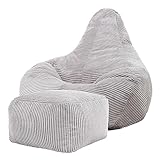 Icon Dalton Sitzsack mit Hocker Cord, Grau, Gaming Sitzsack Erwachsene mit Füllung, Bean Bag, Cord Sessel, Lounge Sessel, Lounge Stuhl, Schlafzimmer, Wohnzimmer, Wohnzimmer Möbel