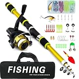Angelset für Kinder, 1.8m Kinderangel Starter Set, Angelrute Set Kinder mit Angelrolle und Köder Set, Kohlefaser Teleskop Angelruten und Rolle, Angel Zubehör für Kinder von 3-10 Jahren (Gelb)