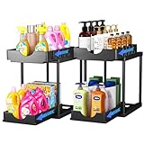 PurKeep Küchen Organizer Küchenschrank Organizer - 2 Stück ziehbar, 2 Etagen Küchenaufbewahrung unter der Spüle, Unterschrank-Organizer mit Haken, für Badezimmer, Küche, Arbeitsplatte, Schwarz