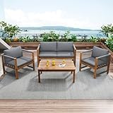 Laxnb Gartenmöbel Set Garten Lounge Möbel, Balkonmöbel, 4 Sitzer Sitzgarnitur mit Couchtisch, Gartenlounge Outdoor Patio Terrassemöbel, Doppelsofa, 2 Sessel und Tisch, Lounge Set, Akazie (Grau)