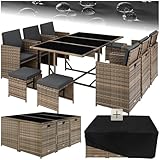 tectake® Outdoor Balkon Gartenmöbel Set, Lounge mit 6 Stühlen, 4 Hocker und 1 Tisch, Poly Rattan Geflecht, wetterfest, platzsparend - Natur