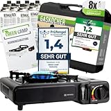 GREEN CAMP® Gaskocher inkl. 8 Kartuschen Campingkocher mit Piezozündung - Camping Gaskocher stufenlos regulierbar - Gaskocher Camping 1 Flammig