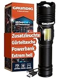 GRUNDIG Taschenlampe LED aufladbar - Extrem hell - Ion Technologie - Ausfallsicher mit Zusatz Arbeitsleuchte - Notfall USB Ladung von Telefon/Tablet - hochfestes Alu Gehäuse - starker Li Akku