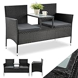 Juskys Polyrattan Gartenbank Monaco - 2-Sitzer Bank mit Tisch & Kissen - 133x63x84 cm - Rattan Sitzbank wetterfest Garten Balkon - schwarz