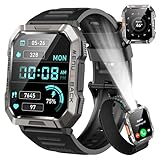 Smartwatch Herren Militär, 100 Tage Akkulaufzeit/LED Taschenlampe/Kompass/2 Armbänders/IP68 Wasserdicht, 100+Sportmodi Sportuhr, Anrufe tätigen/Empfangen Smartwatch Outdoor Fitnessuhr für Android iOS
