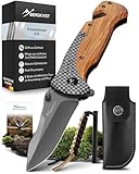 BERGKVIST® K39 Klappmesser (Einhandmesser) in der Waldholz-Edition für Outdoor & Survival - scharfes 3-in-1 Taschenmesser mit Holz-Griff, Glasbrecher & Gurtschneider inkl. Feuerstahl & Tasche