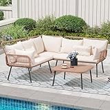 OC Orange-Casual 4-TLG Garten Lounge Set, Outdoor Rattan Sofa Set mit Couchtisch und Sitzkissen, 3 Packet insgemst, L-förmige Terrasse Unterhaltungssets für Terrasse, Balkon, Garten, (Creame Beige