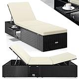 Casaria® Sonnenliege mit Klapptisch Wetterfest 7cm Auflagen Gartenliegen 400kg Belastbar 7-Fach Verstellbar Liegestuhl Polyrattan Schwarz Creme 200x58cm