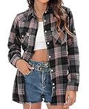 siliteelon Damen Kariertes Bluse Rosa Schwarz Kariertes Baumwolle Freizeithemd Regular Fit Flanellhemden,3XL