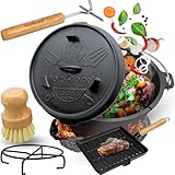 holz4home® 6-teiliges Dutch Oven Set I 9L Feuertopf Gusseisen I Mit Grillpfanne Deckelheber Reinigungsbürste Untersetzer I Schmortopf zum Camping