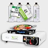 GREEN CAMP® Gaskocher inkl. 4 Kartuschen - Campingkocher mit Piezozündung - Camping Gaskocher stufenlos regulierbar - Gaskocher Camping 1-Flammig
