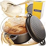 Gusseisen Topf zum Brot backen - Starter-Set mit Gärkorb, Bäckermesser und Brotrezepten - Idealer Brotbackfrom mit Deckel 26cm, Brottopf, Brotbacktopf, Gusseisen Bräter, Cast Iron Pot, Gusseisentopf