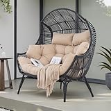 IRONCK Doppel-Ei-Sessel für draußen, 2-Personen Korb-Lounge-Stühle mit extra dicken Polstern & Kopfstützen, 308 kg belastbarer Loungesessel für Wohnzimmer, Terrasse, Balkon, Garten
