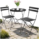 tectake® Gartenmöbel Bistro Set aus Gartentisch mit Stühlen, Balkonmöbel Kleiner Balkon, Klapptisch mit 2X Gartenstuhl, Outdoor Sitzgruppe mit Balkontisch, wetterfest für Garten, Balkon (schwarz)