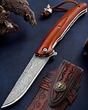 Omesio Damast Klappmesser, 67 Lagen VG10-Stahl, Edler Holzgriff, Geschenkbox & Vintage-Ledertasche Handgeschmiedetes Einhandmesser Japanisches Holzgriff EDC