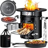 KESSER® Raketenofen inkl. Grillpfanne aus Gusseisen, Grillplatte, Grillzange & Tragetasche | Dutch Oven BBQ Rakete Holzofen Camping | Outdoor-Campingkocher Campinggrill Edelstahl Schwarz