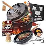 GUSSKÖNIG Dutch Oven Set-Eingebrannter Dutch Oven 9L [6-10 Person]-Feuertopf Gusseisen ohne Füßen-Schmortopf Doppelfunktion-2in1 Deckelheber,Untersetzer,Bürste,DutchOven Rezeptbuch-30 Jahre Garantie