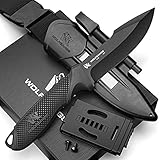 ODENWOLF W3 Outdoor Messer feststehende Klinge - Inkl. Scheide + Feuerstarter - Ideales Jagdmesser aus einem Stück D2 Stahl gefertigt - Premium Survival Messer - Bushcraft Messer Outdoor (Schwarz)