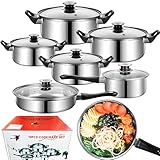 Retoo Topfset 12-teilig Kochtopf Set mit Glasdeckel Edelstahl Bratpfanne Kühlbleibender Griff Spülmaschinengeeignet Durchmesser 16/18/20/21.8/24/24 cm Silber