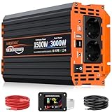 Wechselrichter 1500W Reiner Sinus Spannungswandler 12V auf 230V Power Inverter mit LCD Fernbedienung,USB Ports,Type-C Port,2 AC-Steckdosen für Solar,Fahrzeuge,Wohnmobil,Stromausfall,Reise