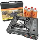 SMH LINE® Campingkocher Gaskocher Set inkl. 4 Gaskartuschen 227g Gas Camping Koffer Herd Outdoor Tischgrill 1 flammig Piezozündung Tragekoffer Butan Gas