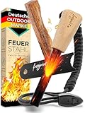 Feuerstahl Outdoor 12mm, Feuerstein mit Holzgriff für maximalen Funkenflug, Feuerstahl Zunder, Survival Kit, Set: Magnesium Feuerstarter + Paracord + Notfallpfeife + Beutel + Kienspan
