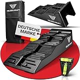 HELDENKRAFT® Auffahrkeile für Wohnmobil [2x Keile inkl. Zubehör] - 3-stufige Ausgleichskeile [bis 10cm] mit Anti-Rutsch-Rillen für Camper, Wohnwagen oder Caravan [bis 13,5 t] - mit Wasserwaage