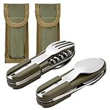 Dokeno Edelstahl Campingbesteck Essbesteck Set 2 Stück, Klappbar Outdoor Besteck, 8 in 1 Edelstahl Klappbesteck Tragbares Reisebesteck für Wandern Picknick Reise (Grün)