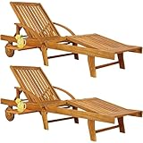 Casaria® 2X Sonnenliege Holz Klappbar 320kg Belastbarkeit Tisch Fuß- und Rückenteil variierbar Räder Ablage Garten Balkon Terrasse Gartenliege Akazie