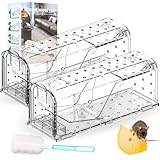 PUWOWYE Mausefalle Lebend, 2 Stück Große Tierfreundliche Lebendfalle Maus mit Mäuseköder Box, Wiederverwendbar Mäuse Vertreiben Mausfallen für Drinnen und Draußen, Kein Kontakt mit Ratten, transparent